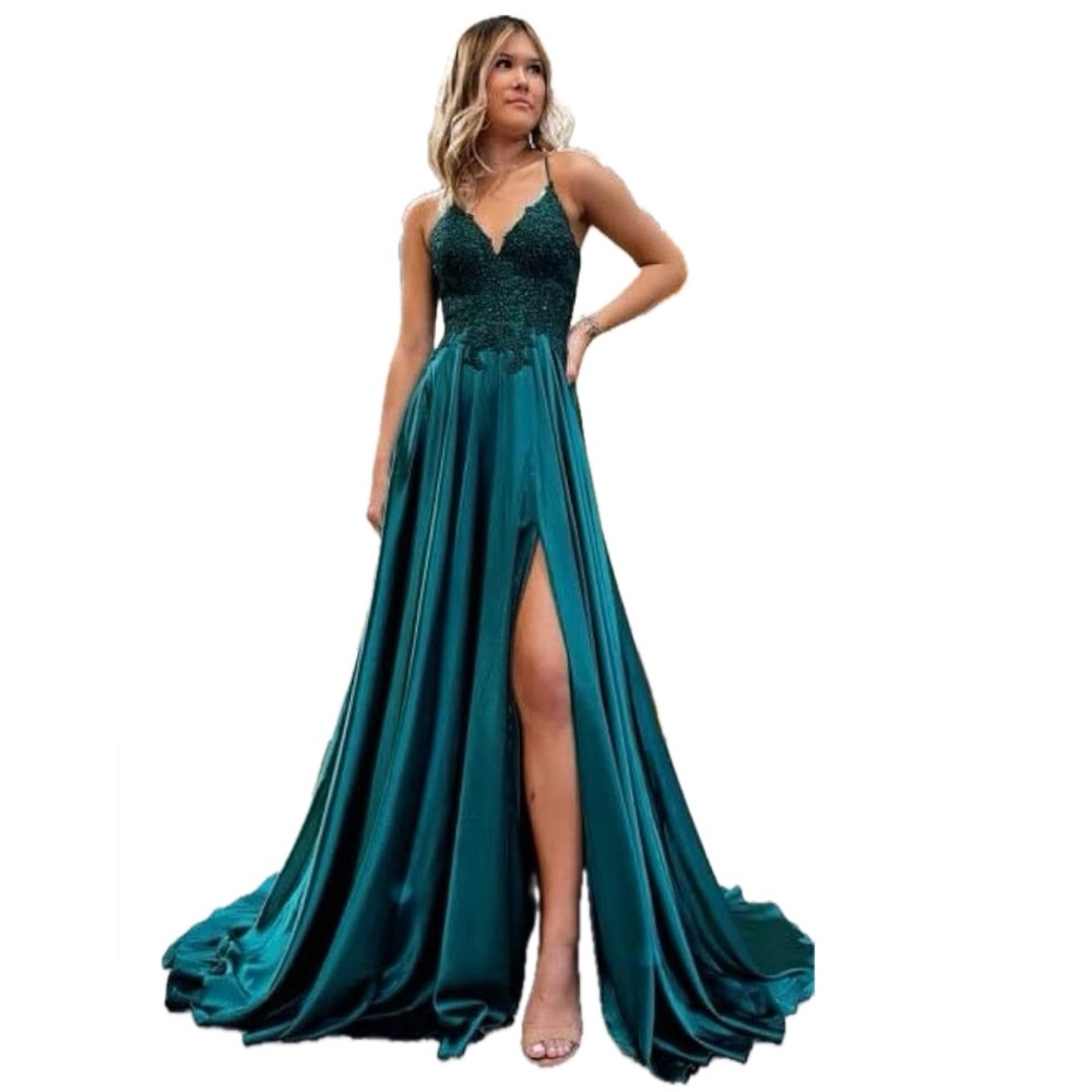 Satin A-Line Appliques Prom Dress with Slit
in Dark Green, Sizes 14 & 16